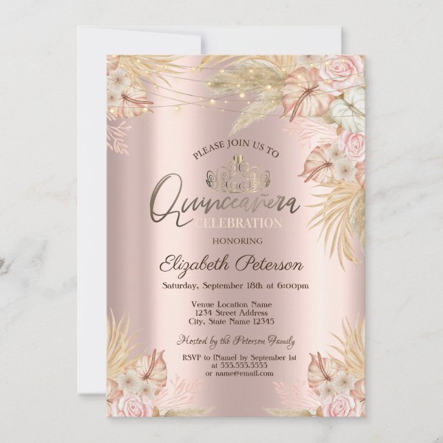 Invitación Pasto de las Pampas Flores Boho Quinceañera (Anverso)