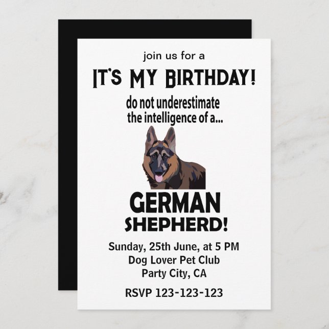 Invitación Pastor Mascota Alemán Cumpleaños Pastor Alemán (Anverso / Reverso)