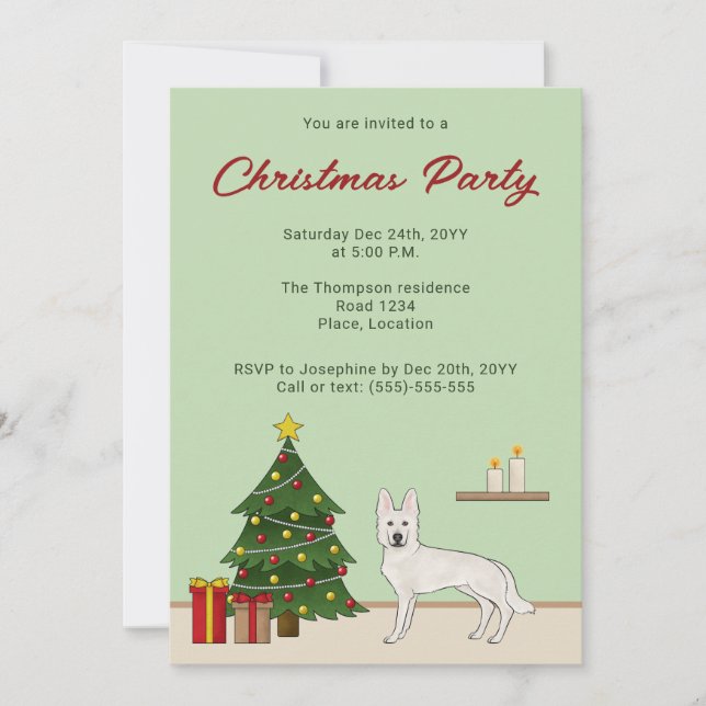 Invitación Pastor Suizo Blanco Perro GSD Lindo Navidad Verde (Anverso)