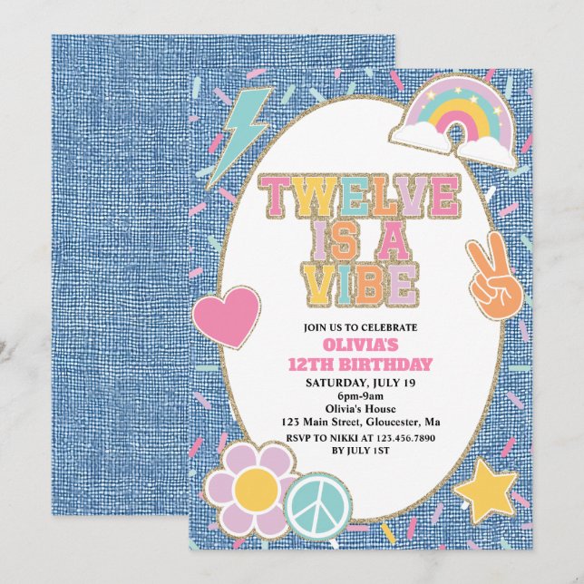 Invitación Patch Denim Twelve is a Vibe 12th Birthday (Anverso / Reverso)