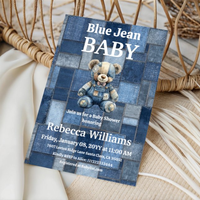 Invitación Patchwork Denim Bear Boy Blue Jean Baby Shower (Subido por el creador)