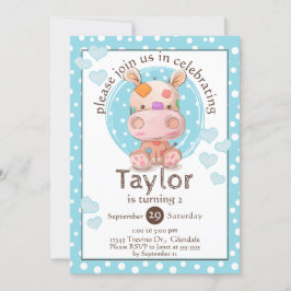 Invitación Patchwork Hippo Child's Blue Birthday