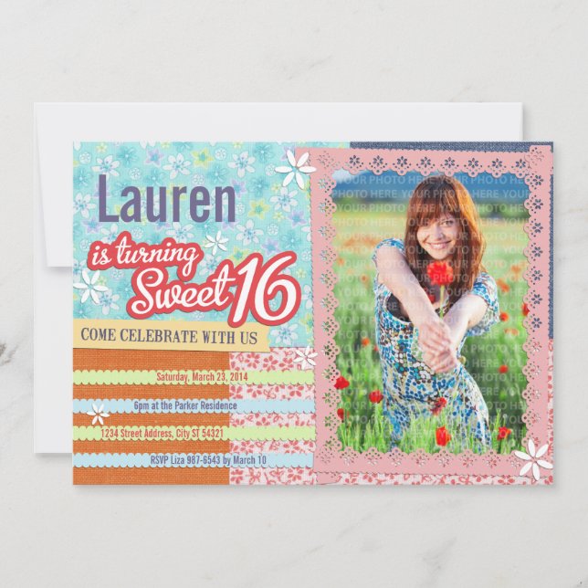 Invitación Patchwork & Pink Lace Sweet 16 Photo Invitation (Anverso)
