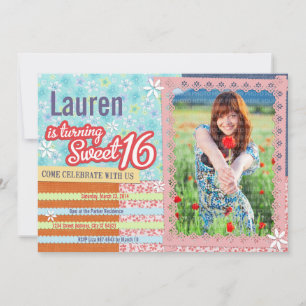 Invitación Patchwork & Pink Lace Sweet 16 Photo Invitation