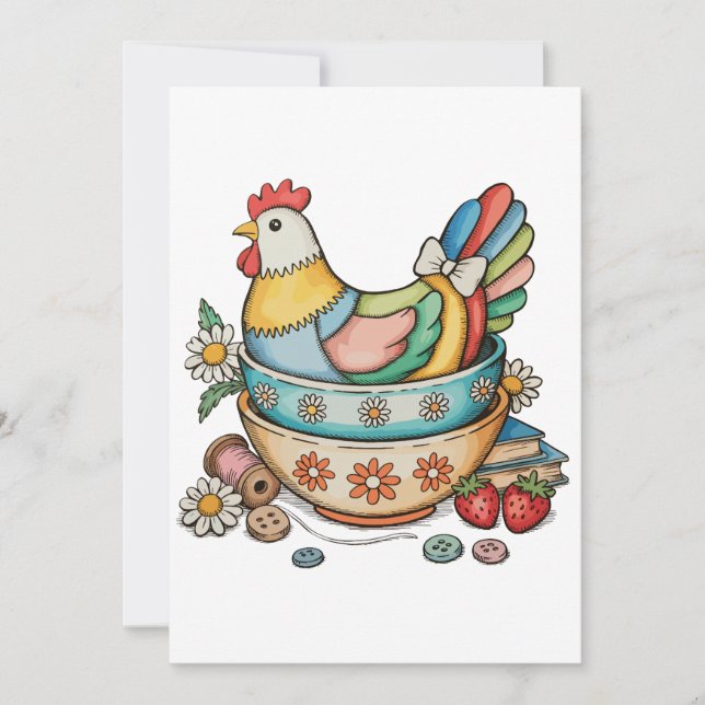 Invitación Patchwork Vintage Hen Quilted Chicken Thrifty (Anverso)
