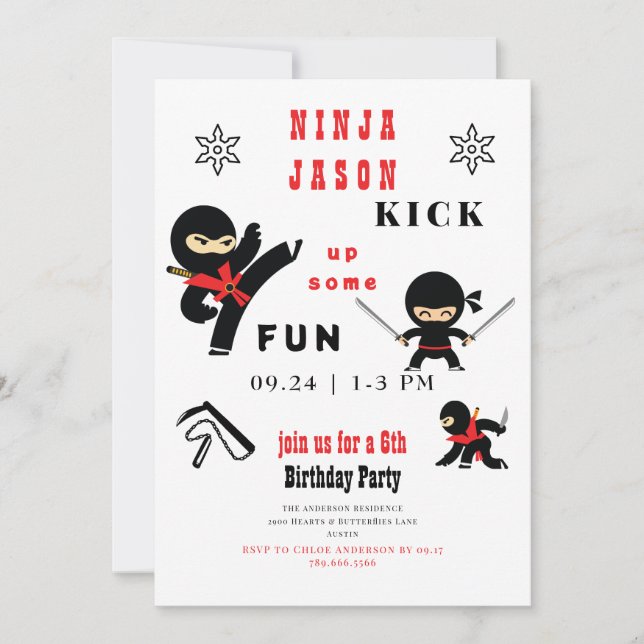 Invitación Patear un divertido partido de cumpleaños Ninja ro (Anverso)