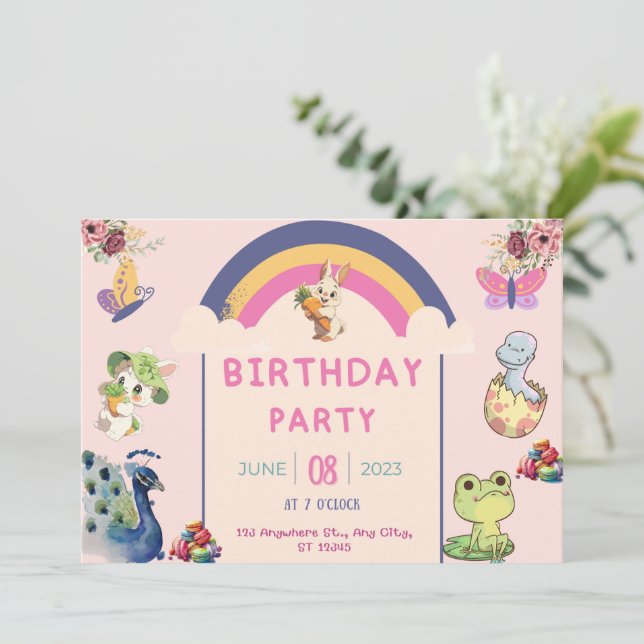 Invitación Patina de pavo real y hermosos animales de cumplea (Anverso de pie)