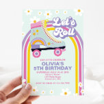 Invitación Patinaje deportivo Retro Rainbow Birday Inv<br><div class="desc">Invitación de cumpleaños del patinaje de rodillos retro con fuentes y colores de estilo de los años 70,  arcoiris y margaritas.</div>