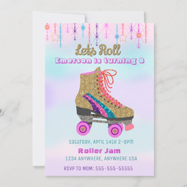 Invitación Patinaje, Fiesta de patinaje, purpurina Roller Dis (Anverso)