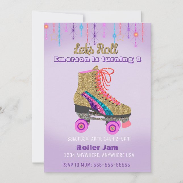Invitación Patinaje, Fiesta de patinaje, purpurina Roller Dis (Anverso)