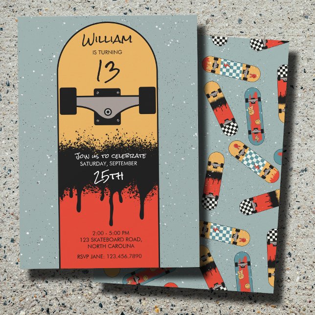 Invitación Patinaje Retro Skateboard Blue Guay Skateboarder C (Retro Skateboard Blue Cool Skateboarder Birthday Invitation)