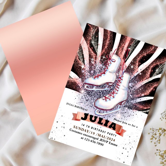 Invitación patinaje sobre hielo patinando negro brillante ros (Subido por el creador)