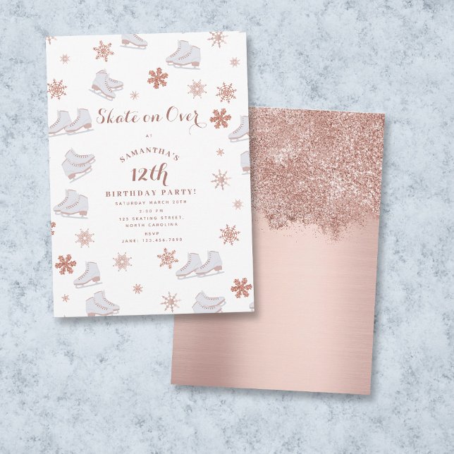 Invitación Patinaje sobre hielo Rosa Gold Skates Rubor Pink S (Rose Gold Ice Skates Blush Pink Skating Birthday Invitation)