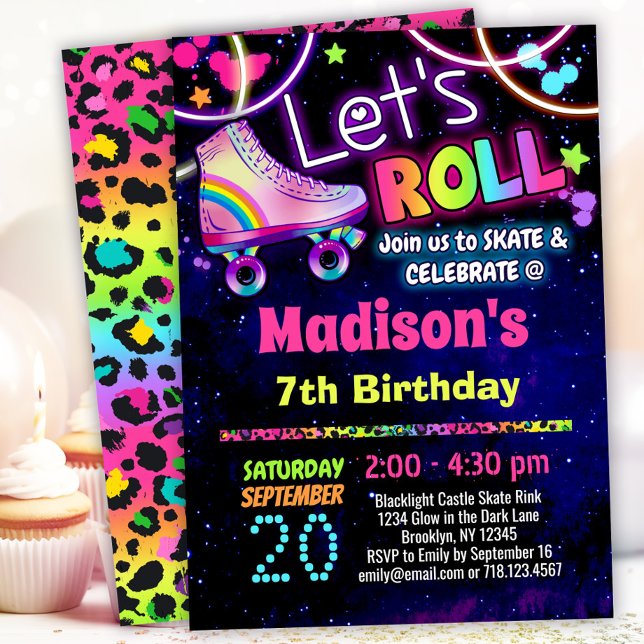 Invitación Patinaje sobre ruedas tema Leopard Rainbow 90s (Subido por el creador)