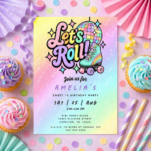 Invitación Patines con Bola de Discoteca Fiesta de Cumpleaños