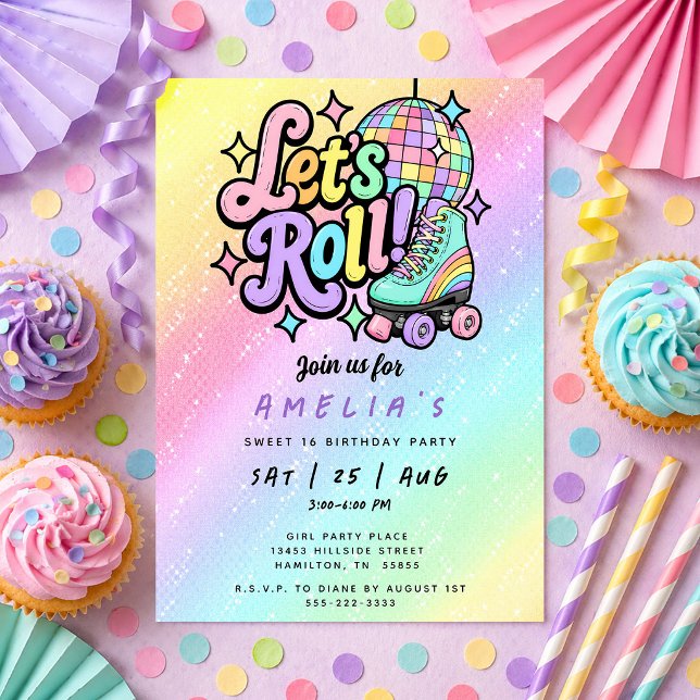 Invitación Patines con Bola de Discoteca Fiesta de Cumpleaños (Disco Ball Roller Skate Sweet 16 Birthday Party Invitation)
