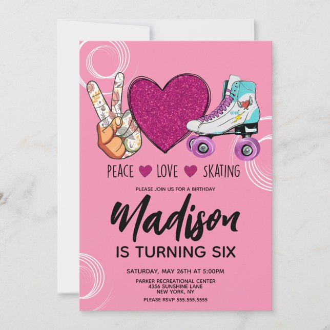 Invitación Patines de Corazón Rosa Fiesta de Cumpleaños (Anverso)