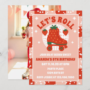 Invitación Patines de fresa   Cumpleaños del Patinaje Retro R