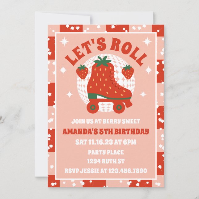 Invitación Patines de fresa | Cumpleaños del Patinaje Retro R (Anverso)