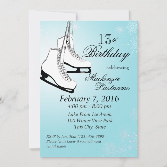 Invitación Patines de hielo y copos de nieve Cumpleaños (Anverso)