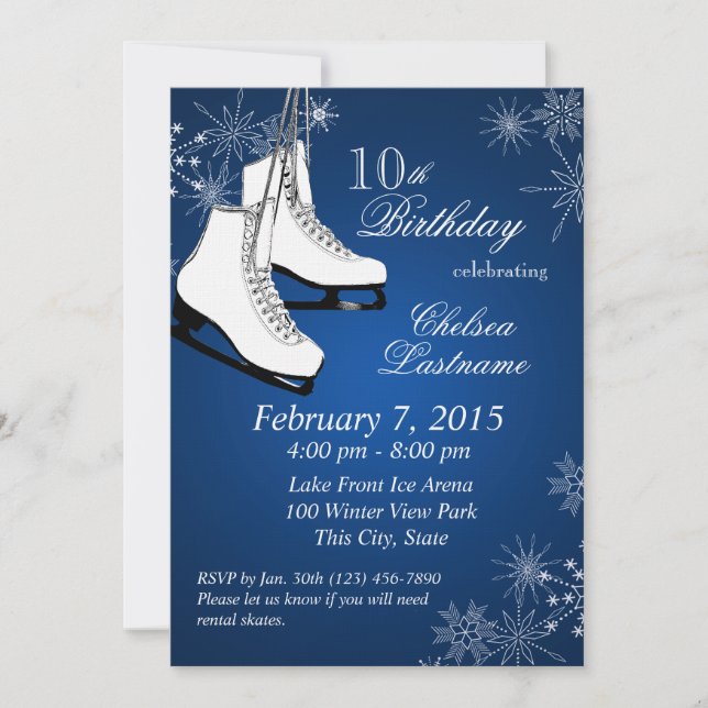 Invitación Patines de hielo y copos de nieve Cumpleaños Azul (Anverso)