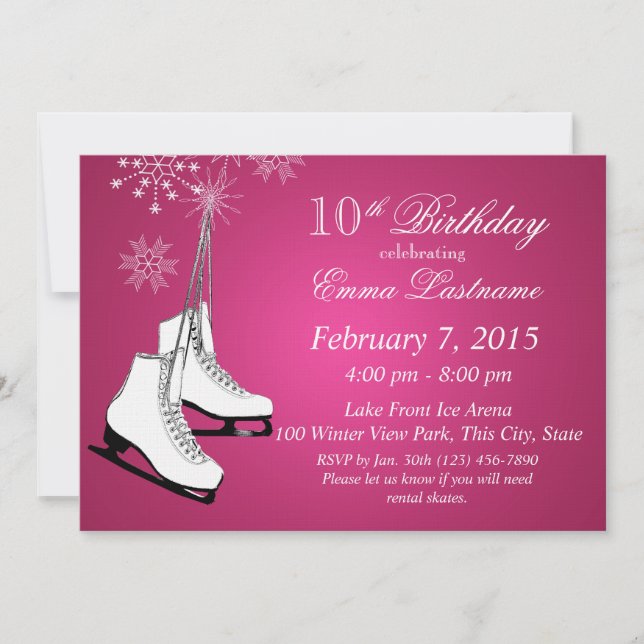 Invitación Patines de hielo y copos de nieve Cumpleaños Rosa (Anverso)