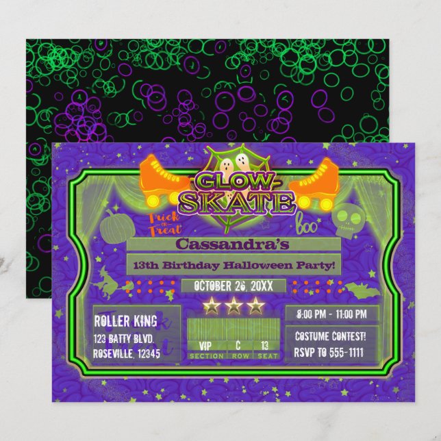 Invitación Patines de Rodillos de Halloween de Cumpleaños Fie (Anverso / Reverso)