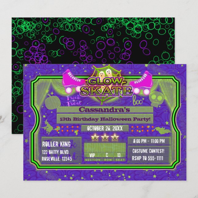 Invitación Patines de Rodillos de Halloween de Cumpleaños Fie (Anverso / Reverso)