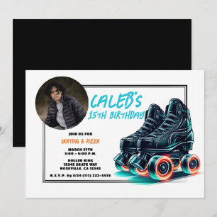 Invitación Patines en línea negros con ruedas de brillo azul 
