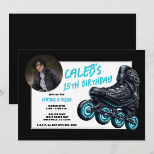 Invitación Patines en línea negros con ruedas de brillo azul 