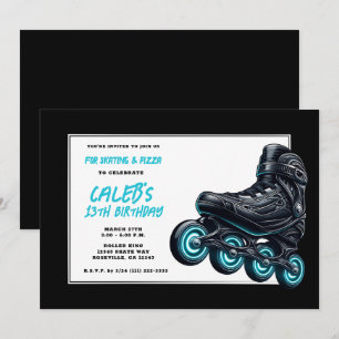 Invitación Patines en línea negros con ruedas de brillo azul 