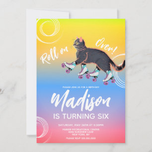 Invitación Patines Kitten Negro Arcoíris Fiesta de Cumpleaños