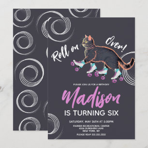 Invitación Patines Kitten Negro Cumpleaños Arcoíris Fiesta de