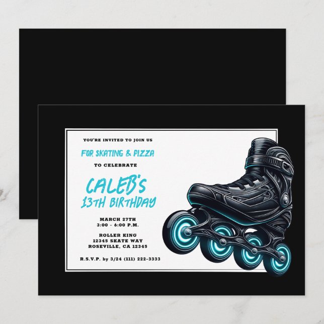 Invitación Patines negros con ruedas azules fluorescentes par (Anverso / Reverso)