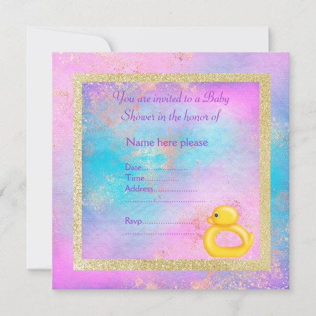 Invitación patito bebé color pastel dorado nuevo bonito (Anverso)