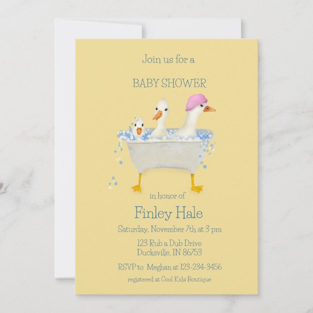 Invitación Patitos caprichosos de acuarela en el baño de bebé (Anverso)