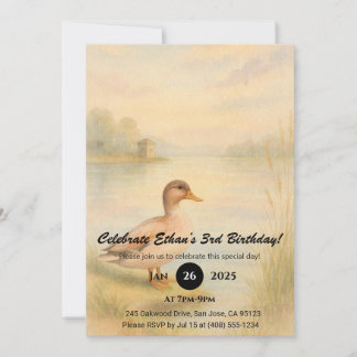 Invitación Pato acuarela junto al lago al atardecer de cumple