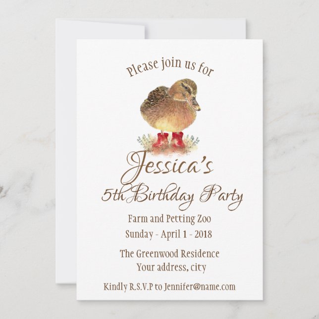 Invitación Pato acuático en los boots de goma rojos Cumpleaño (Anverso)