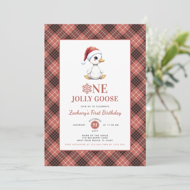Invitación Pato alegre moderno de Navidad cumpleaños primero (Anverso de pie)