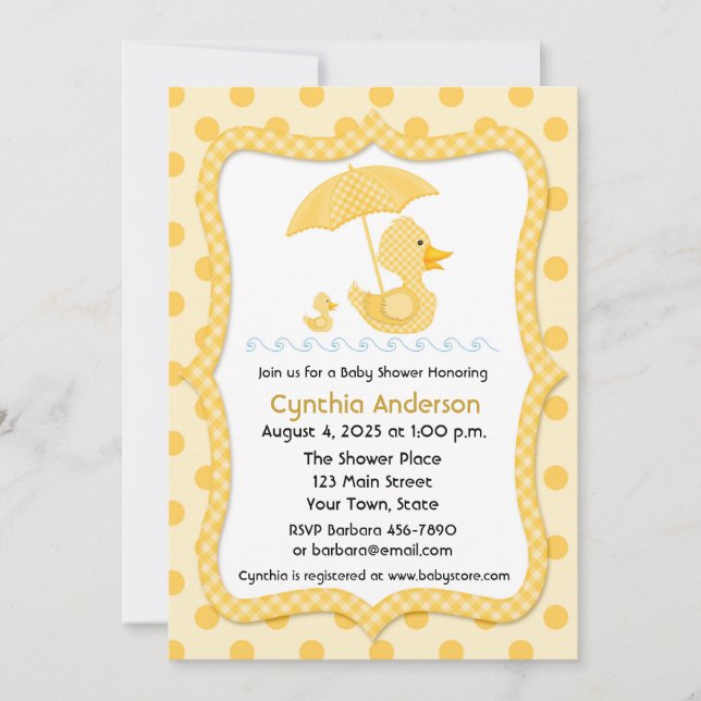 Invitación Pato amarillo de Gingham con paraguas, Baby Shower (Anverso)