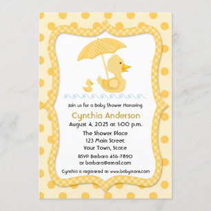 Invitación Pato amarillo de Gingham con paraguas, Baby Shower
