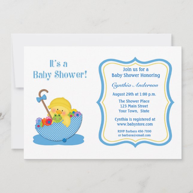 Invitación Pato amarillo, paraguas azul Baby Shower (Anverso)