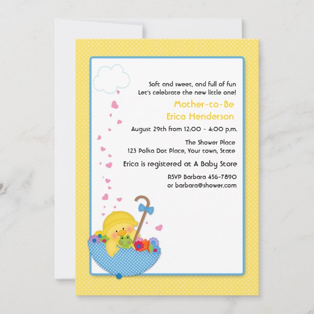 Invitación Pato amarillo, paraguas, corazones, invitat de Bab (Anverso)