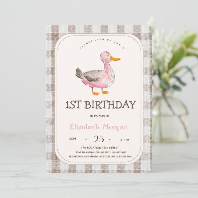 Invitación Pato de Cuadros de Granja Animal (Anverso de pie)