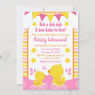 Invitación Pato de goma amarillo y rosa con lunares para baby