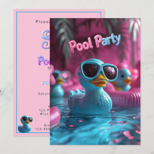 Invitación Pato de goma azul para fiesta en la piscina con br