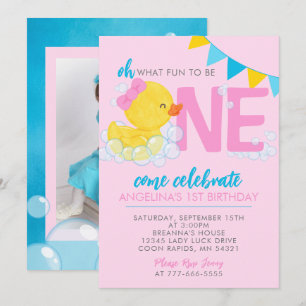 Invitación Pato de goma con acuarela rosa para foto de 1er cu