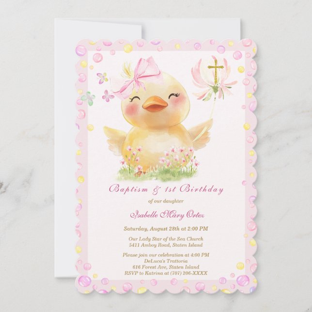 Invitación Pato de goma rosa bautizo y cumpleaños (Anverso)