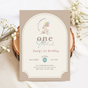 Invitación Pato Divertido Lazo Rosa 1er Cumpleaños