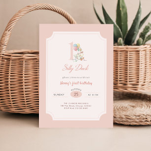 Invitación Pato Divertido Lazo Rosa Tonto Cumpleaños 1